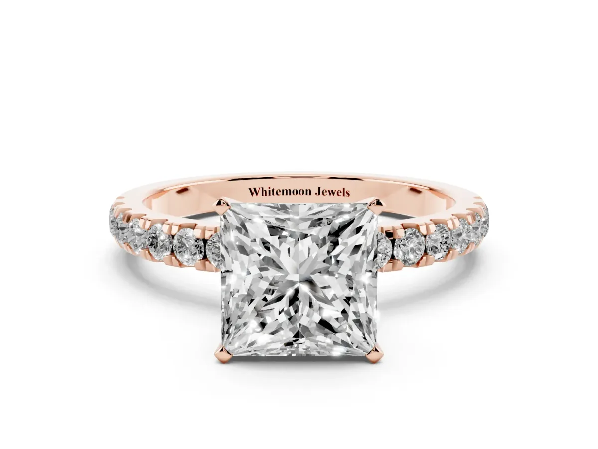 Princess Cut Diamond Solitaire Ring with Pavé Accents and Four-Prong Setting Rose gold