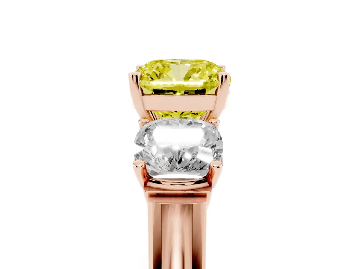 Fancy Yellow Three-Stone Cushion Cut Brilliant Diamond Trellis Ring with Comfort Fit Band Rose gold