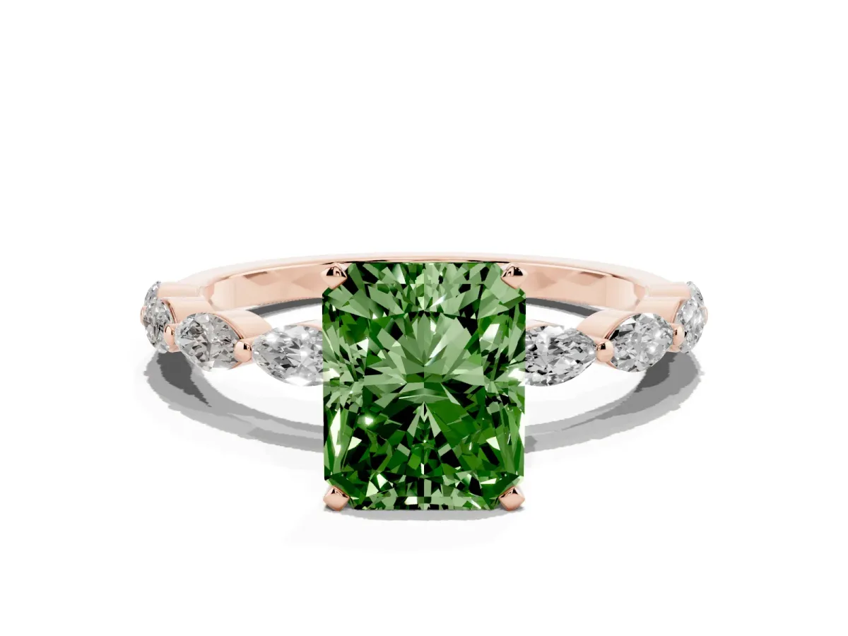 Fancy Green Radiant Cut Diamond Ring with Marquise Side Stones and Prong Setting Rose gold