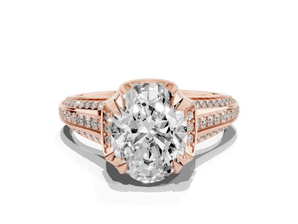 Oval Cut Solitaire Pave Split Shank Ring with Four-Prong Setting Rose gold