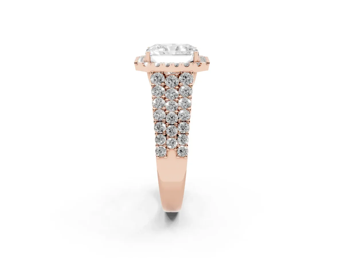 Radiant Cut Diamond Halo Engagement Ring with Triple Row Round Pavé Band and Prong Setting Rose gold