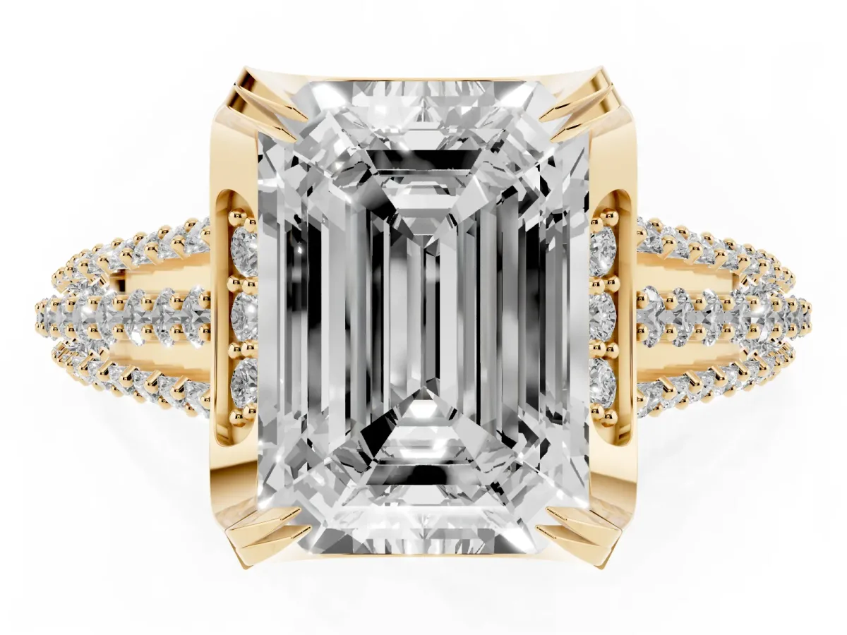 Emerald Cut Solitaire Pave Split Shank Ring with Four-Prong Setting Yellow gold
