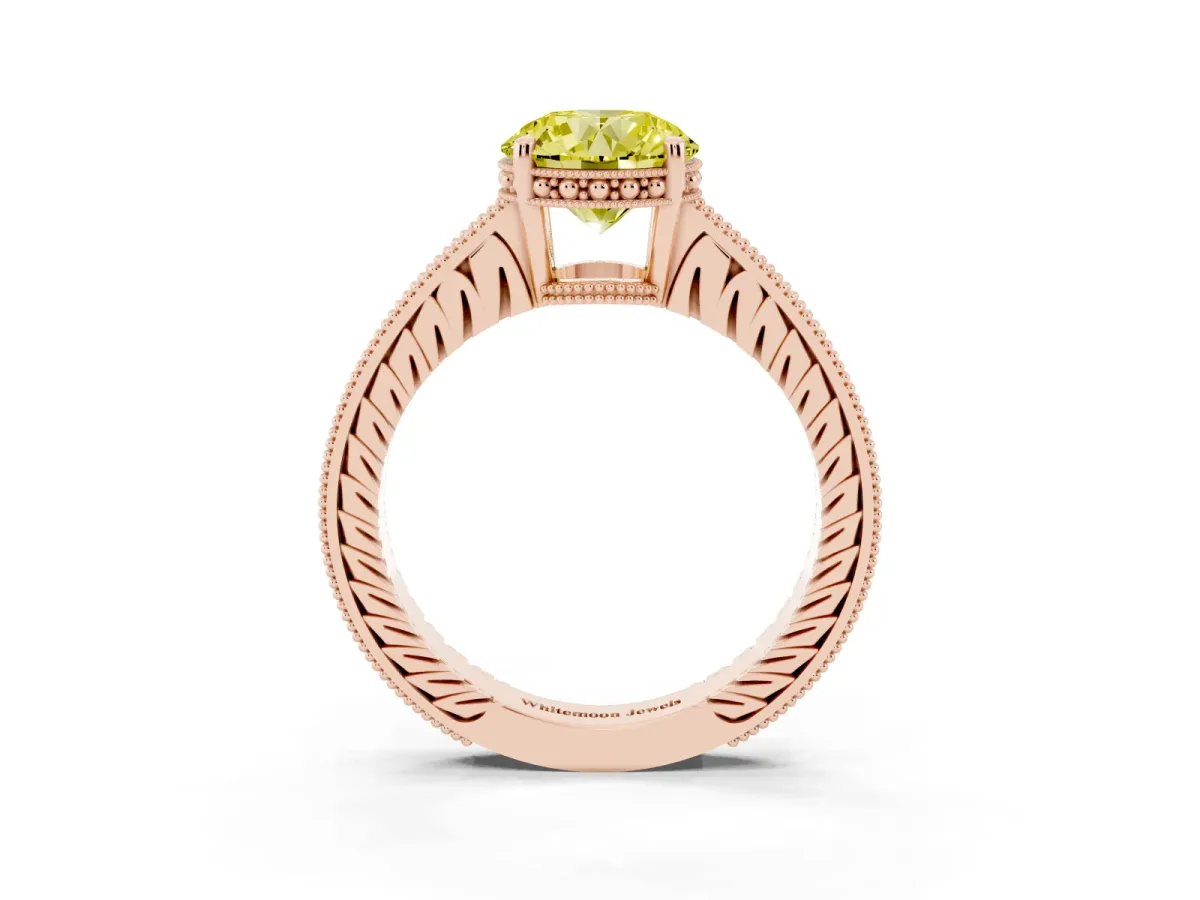 Fancy Yellow Round Cut Solitaire Pavé Diamond Milgrain Engagement Ring with Four-Prong Setting Rose gold