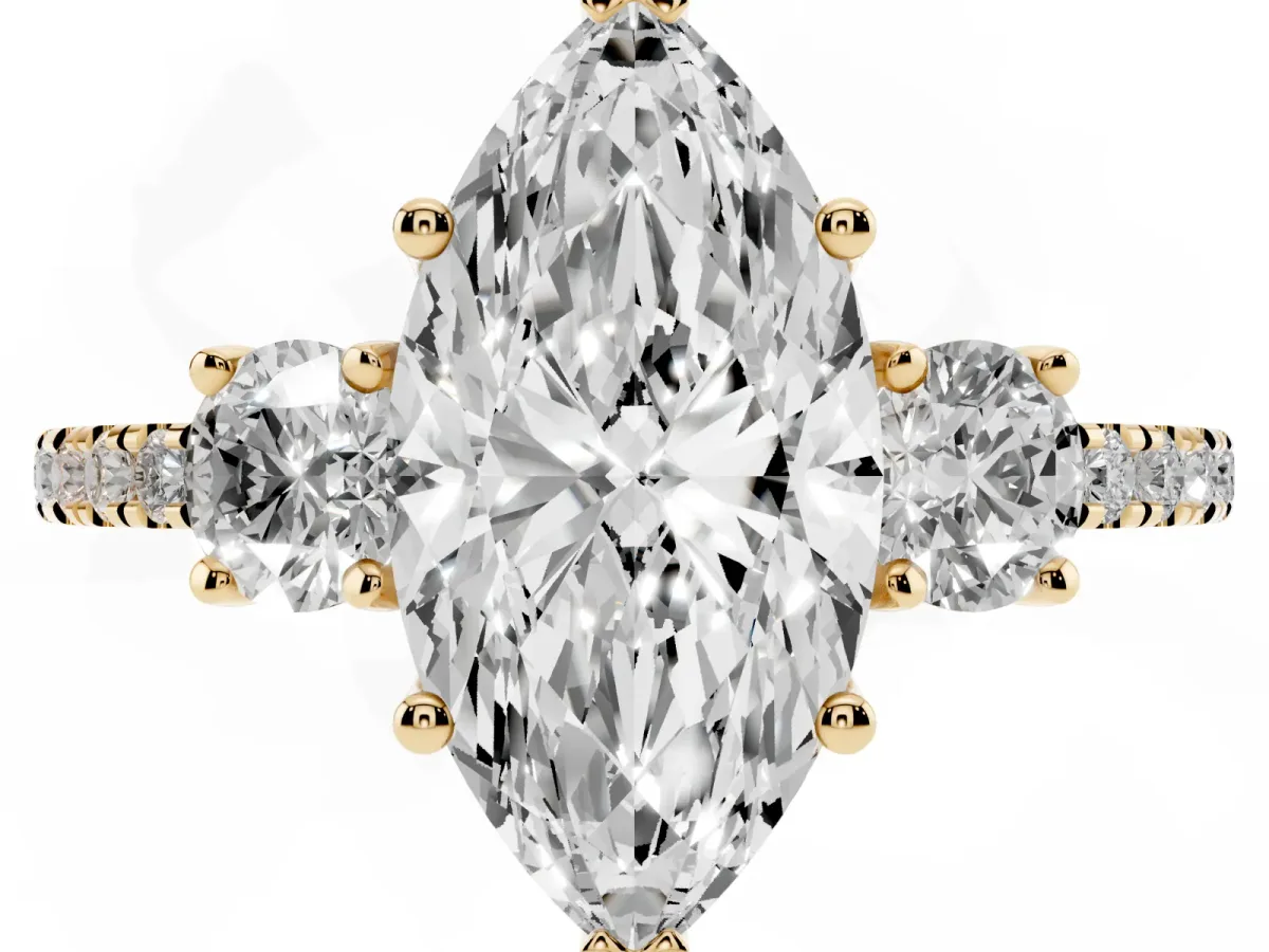 Three-Stone Marquise Cut Cut Diamond Pavé Band with Prong Setting Yellow gold