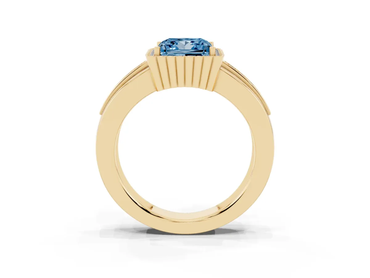 Fancy Blue Princess Cut Cut Halo Pave Band Four-Prong Ring Yellow gold