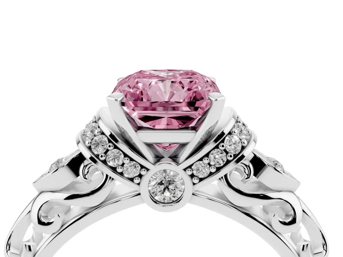 Fancy Pink Radiant Cut Diamond Solitaire Ring with Filigree Band and Four-Prong Setting Silver