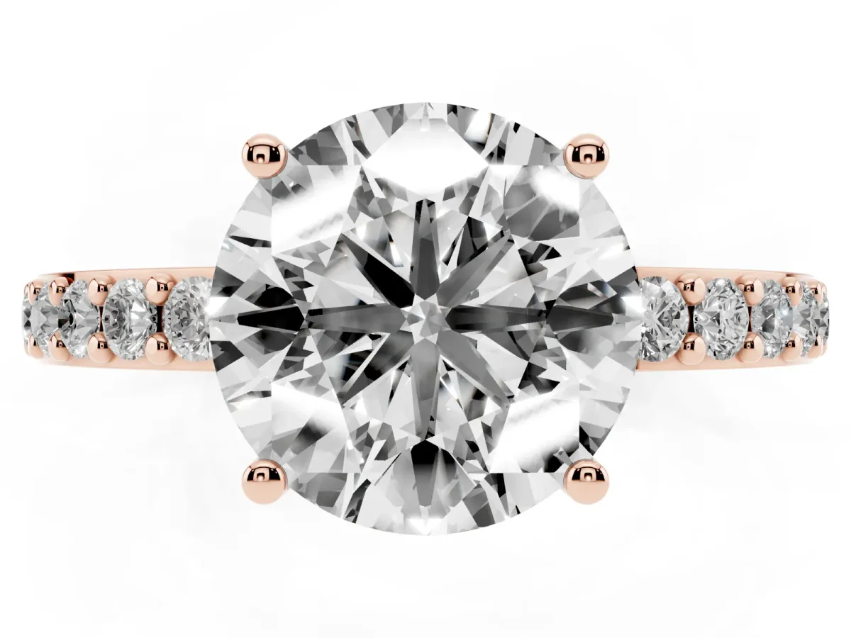 Round Cut Cut Diamond Solitaire with Pave Band and Four-Prong Setting Rose gold