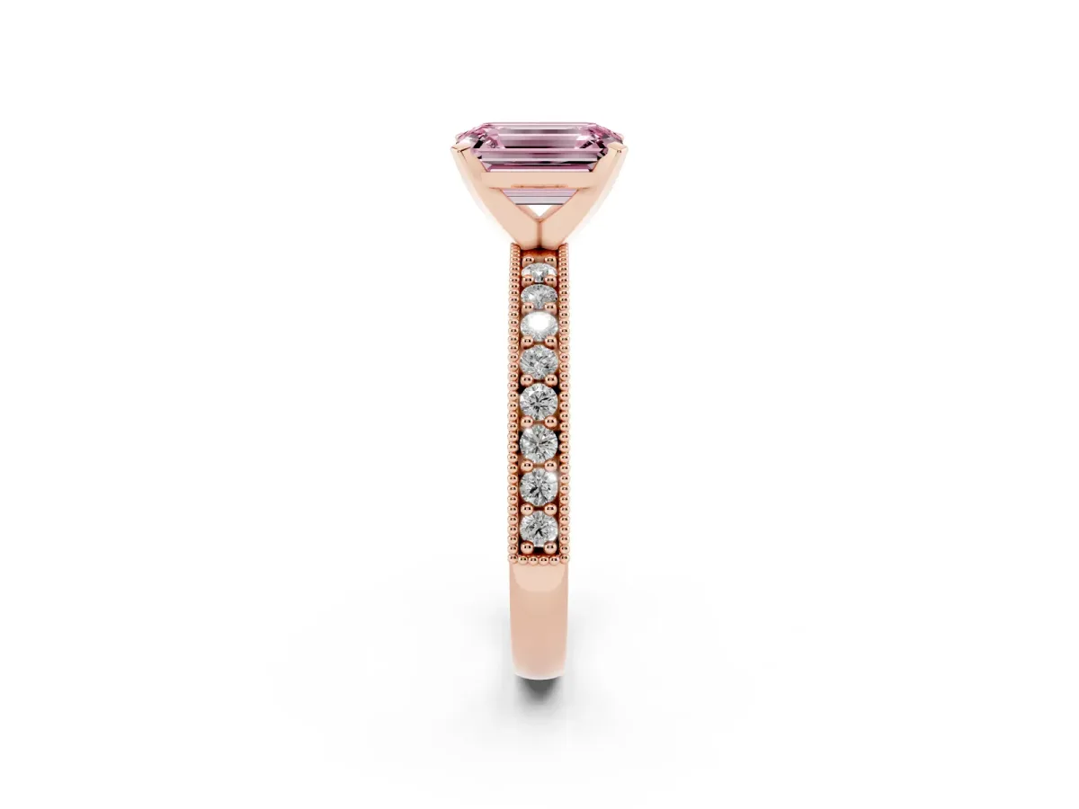 Fancy Pink Emerald Cut Diamond Milgrain Pavé Engagement Ring with Four-Prong Setting Rose gold
