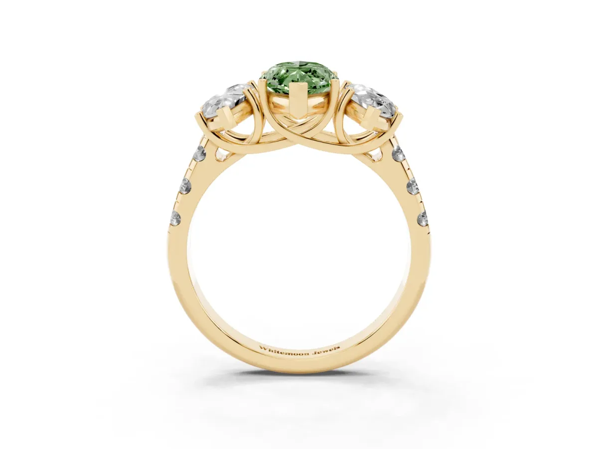 Fancy Green Three-Stone Marquise Cut Diamond Pavé Band with Prong Setting Yellow gold