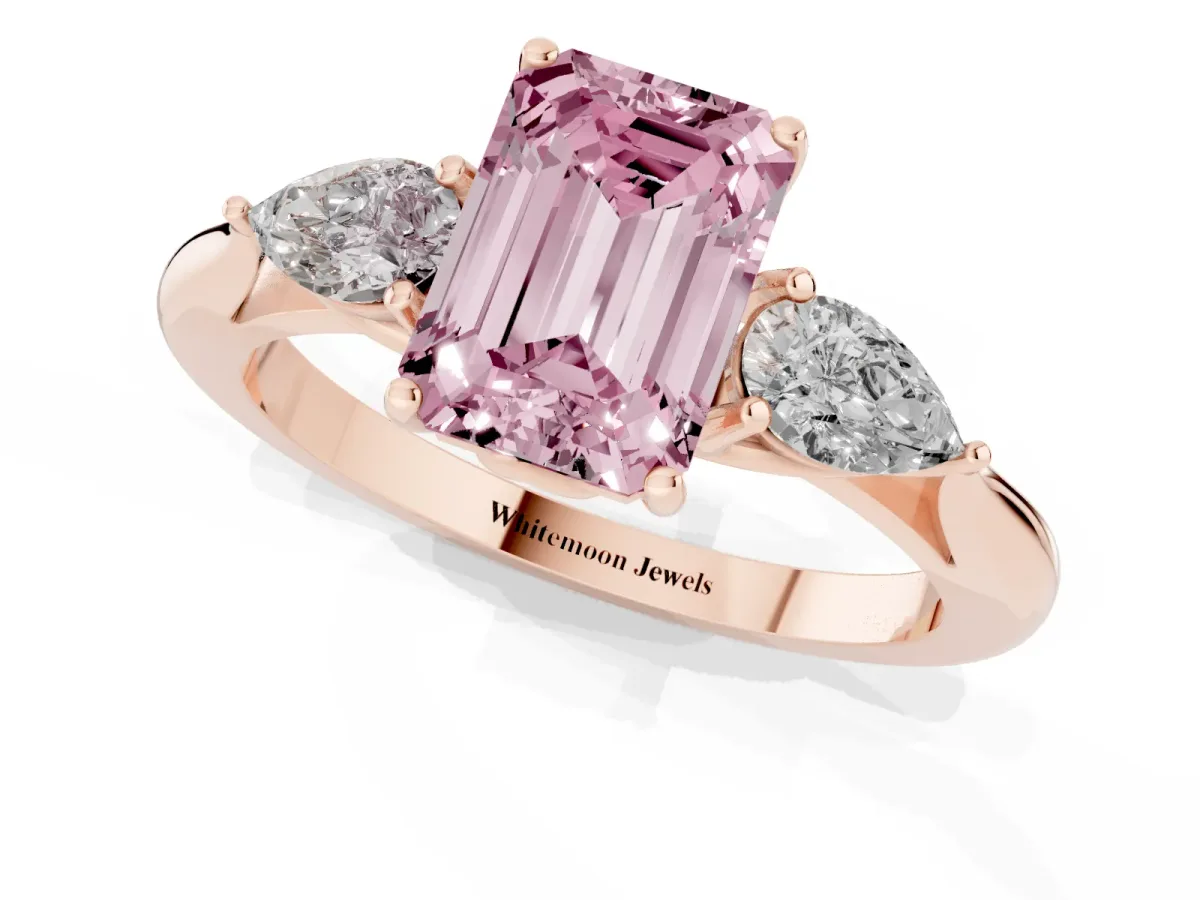 Fancy Pink Emerald Cut Diamond Three-Stone Ring with Pear Side Stones and Prong Setting Rose gold