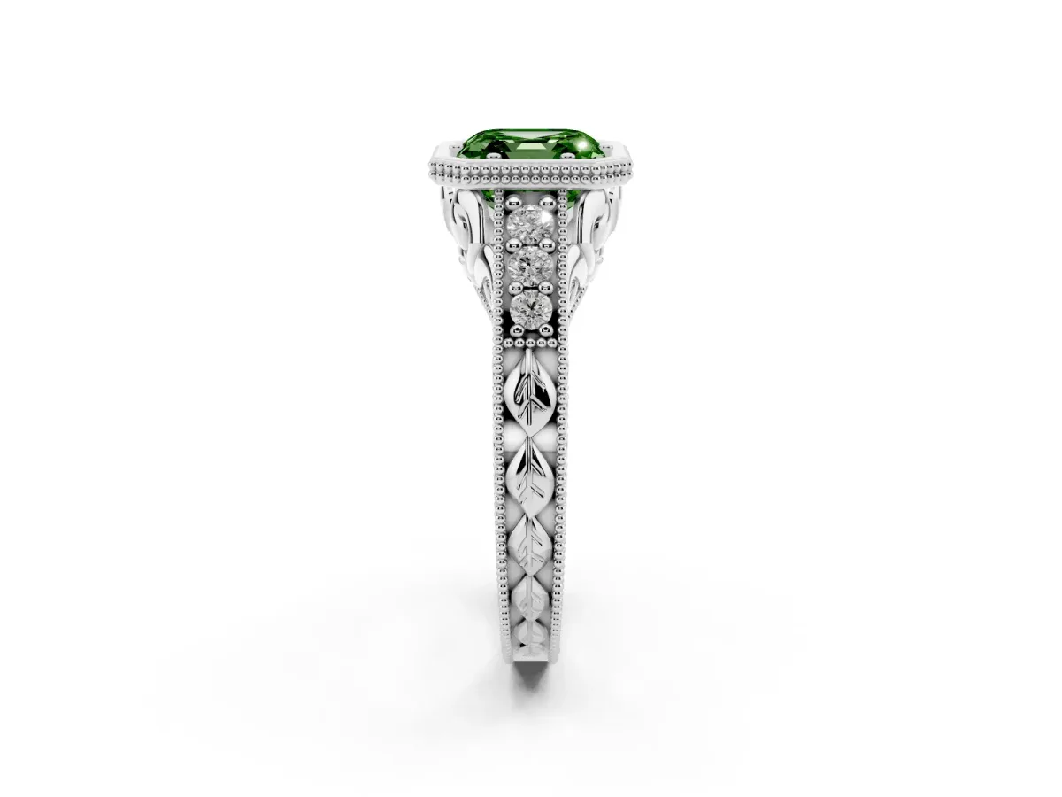 Fancy Green Bezel Set Asscher Cut Diamond Milgrain Pave Engagement Ring Silver