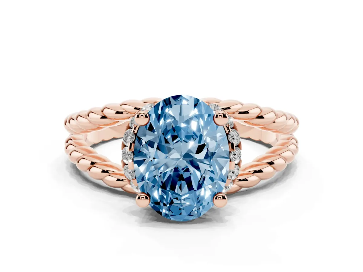 Fancy Blue Oval Cut Halo Twisted Band Four-Prong Ring Rose gold
