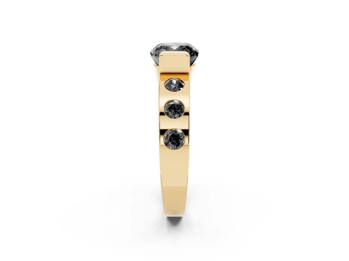 Fancy Black Cushion Cut Brilliant Channel-Set Diamond Ring with Bezel Prong Setting Yellow gold