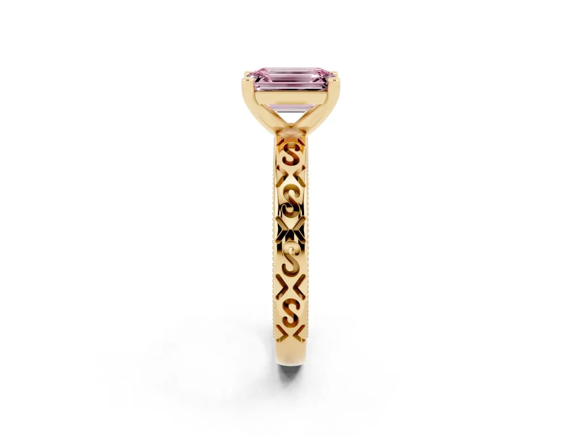 Fancy Pink Emerald Cut Solitaire Engagement Ring with Scrollwork Band and Four-Prong Setting Yellow gold