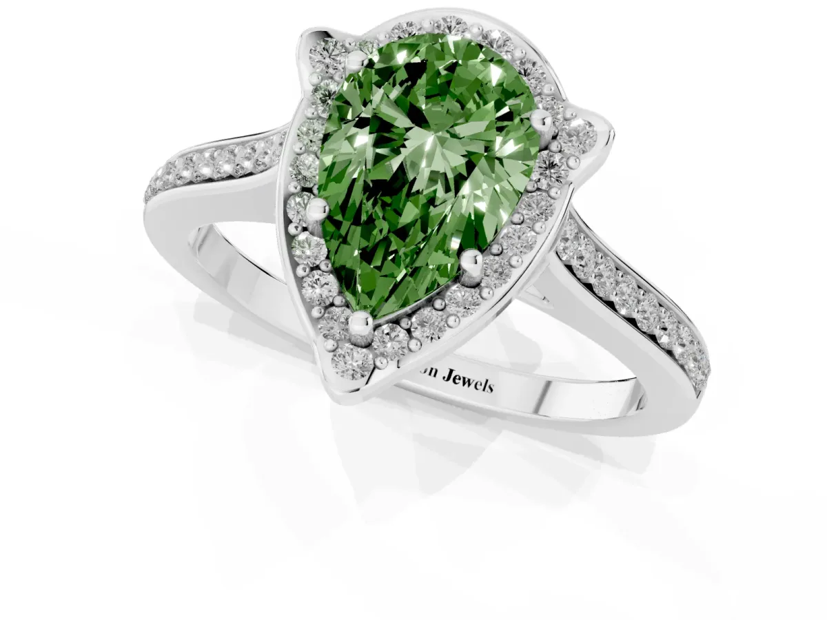 Fancy Green Pear Cut Halo Round Diamond Pave Band with Four-Prong Setting Silver