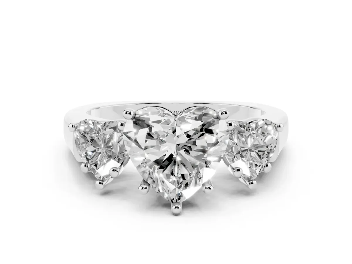 Three-Stone Heart Cut Brilliant Diamond Trellis Ring with Comfort Fit Band White gold