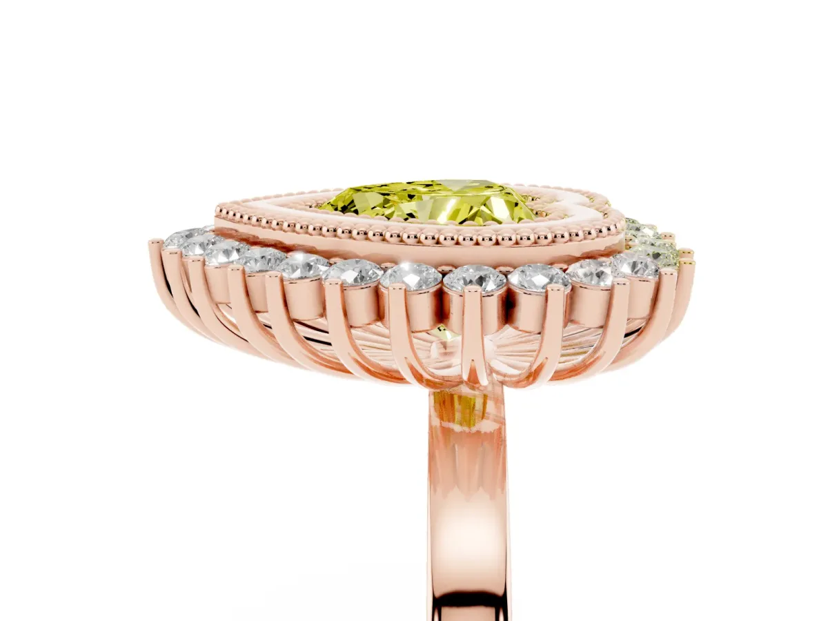 Fancy Yellow Heart Cut Halo Diamond Ring with Milgrain Edge and Round Prong Setting Rose gold