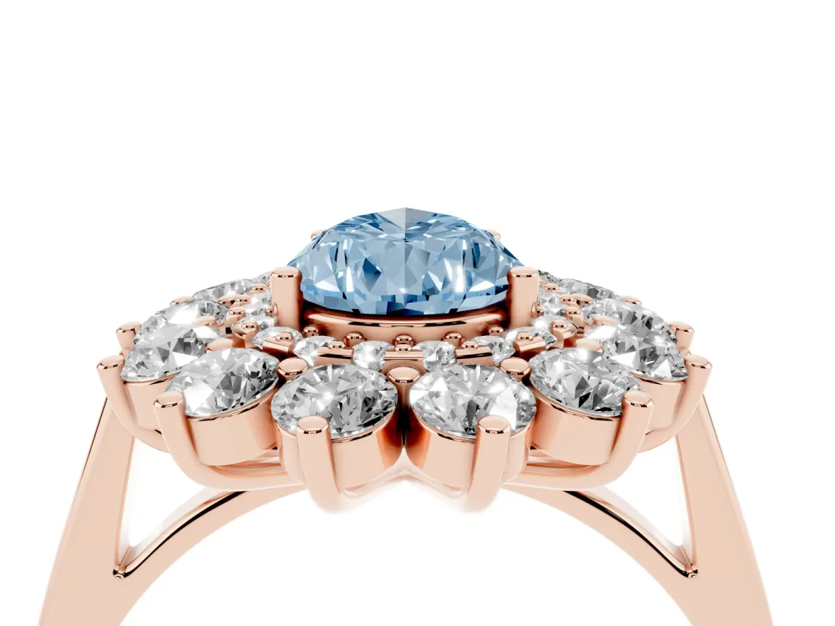 Fancy Blue Pear Cut Diamond Floral Double Halo Engagement Ring with Prong Setting Rose gold