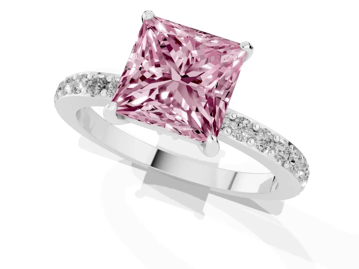 Fancy Pink Princess Cut Diamond Solitaire Engagement Ring with Pavé Band and Four-Prong Setting Silver