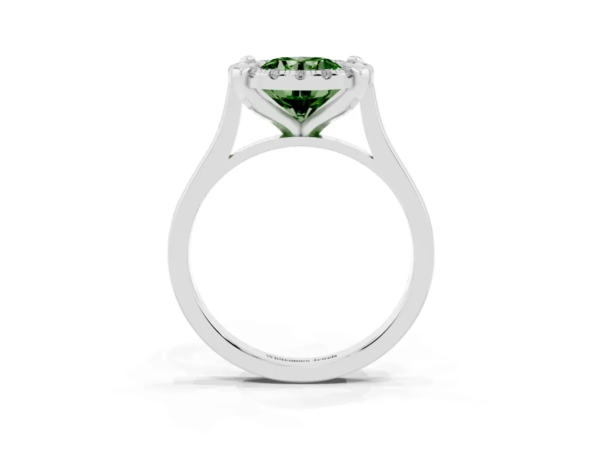 Fancy Green Round Cut Diamond Cluster Halo Solitaire with Four-Prong Setting Platinum