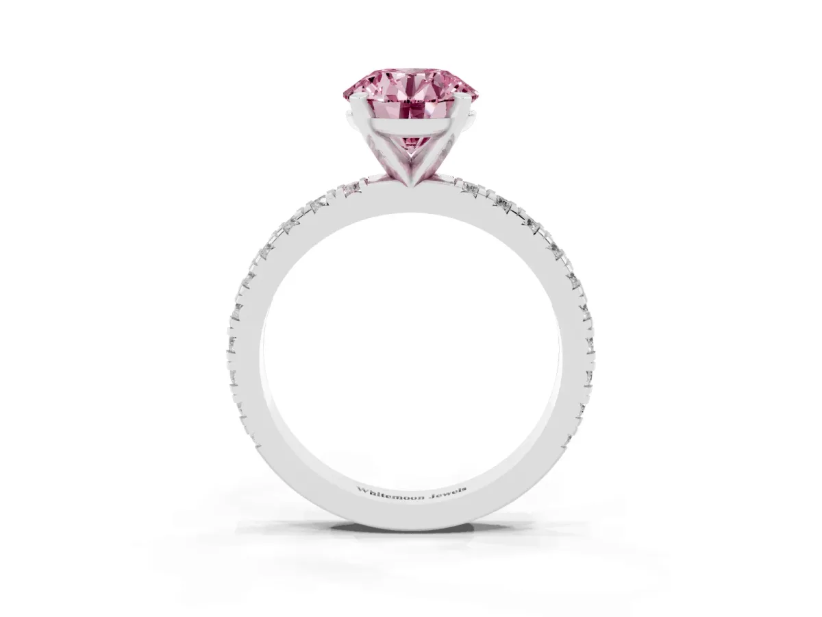 Fancy Pink Round Cut Diamond Pavé Band Solitaire with Four-Prong Setting Silver