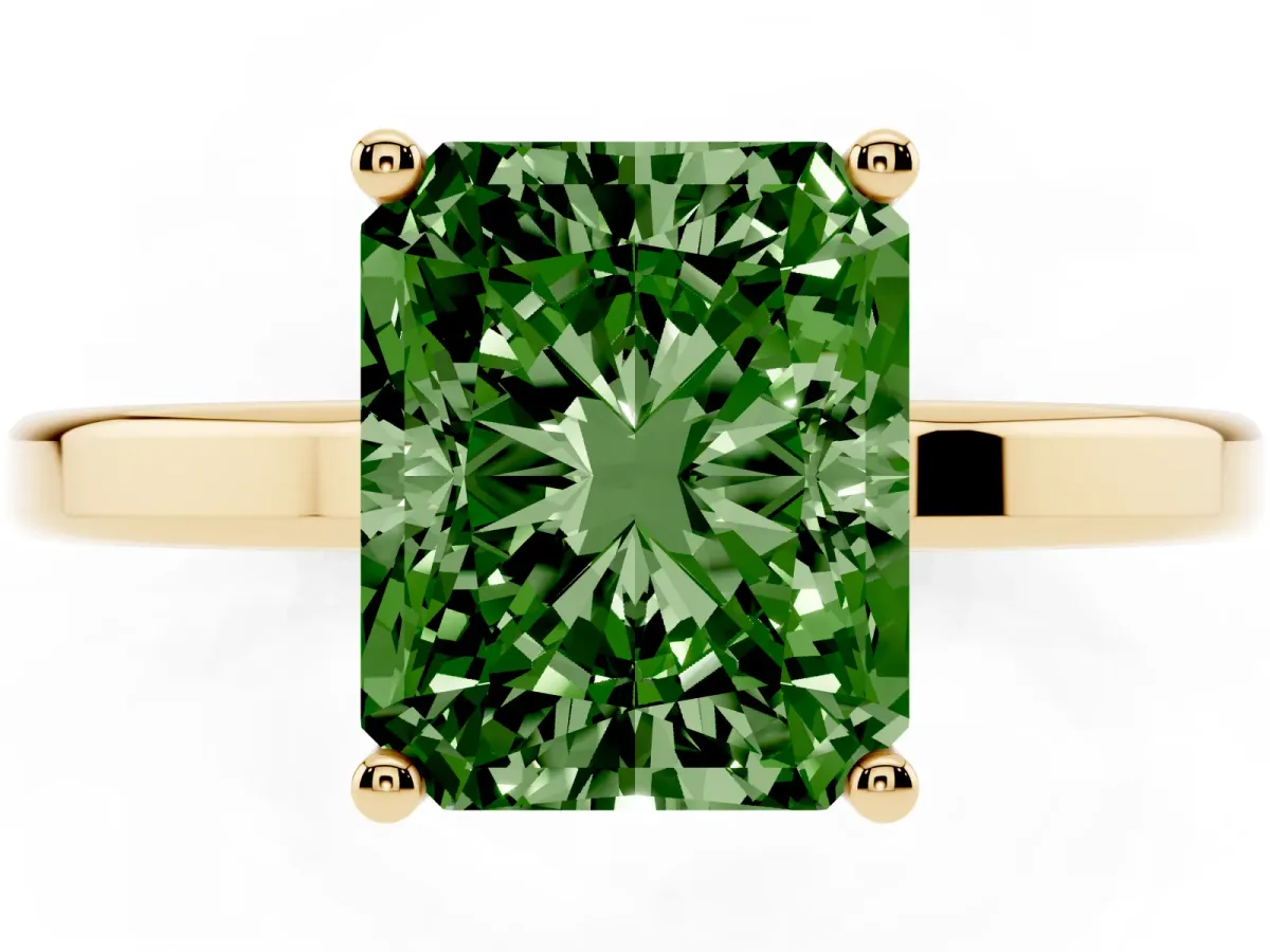 Fancy Green Radiant Cut Cut Solitaire Engagement Ring with Four-Prong Setting on a Classic Band Yellow gold