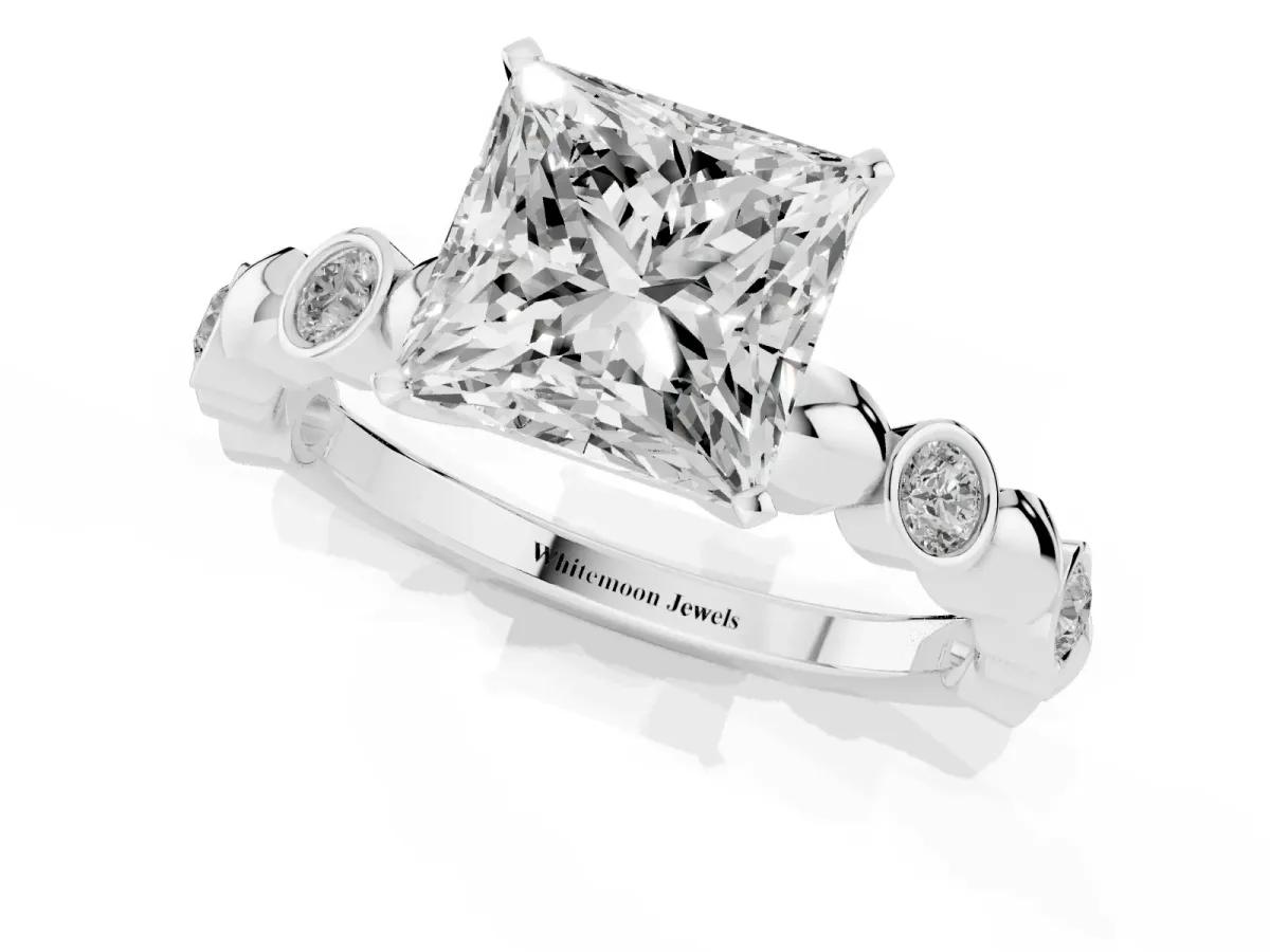 Princess Cut Solitaire Bezel-Set Diamond Ring with Beaded Band and Four-Prong Setting Silver