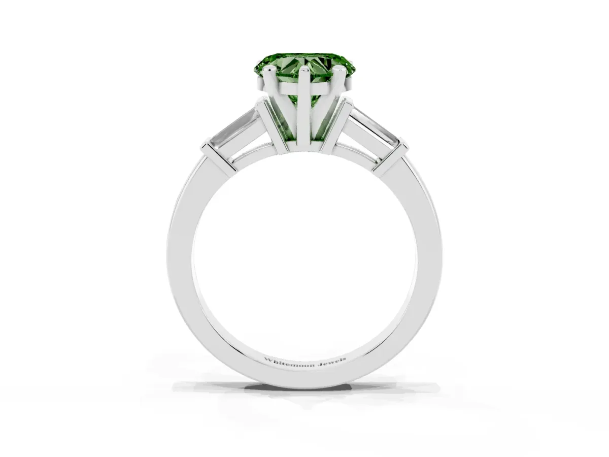 Fancy Green Heart Cut Cut Diamond Solitaire Ring with Tapered Baguette Accents and Four-Prong Setting Platinum