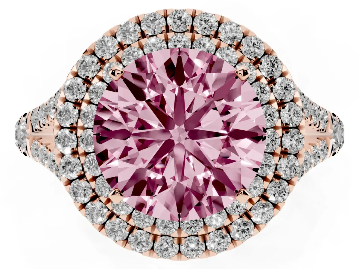 Fancy Pink Round Cut Diamond Pavé Split Shank Double Halo Engagement Ring Rose gold