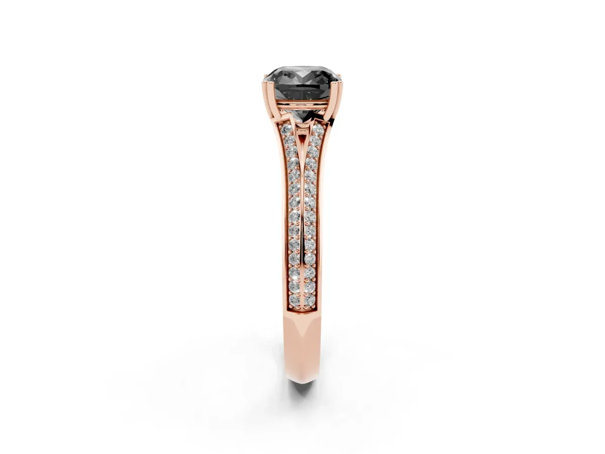 Fancy Black Cushion Cut Diamond Split Shank Engagement Ring with Pavé Band Rose gold