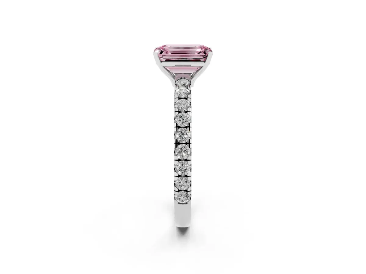 Fancy Pink Emerald Cut Diamond Pavé Solitaire Engagement Ring with Four-Prong Setting Silver