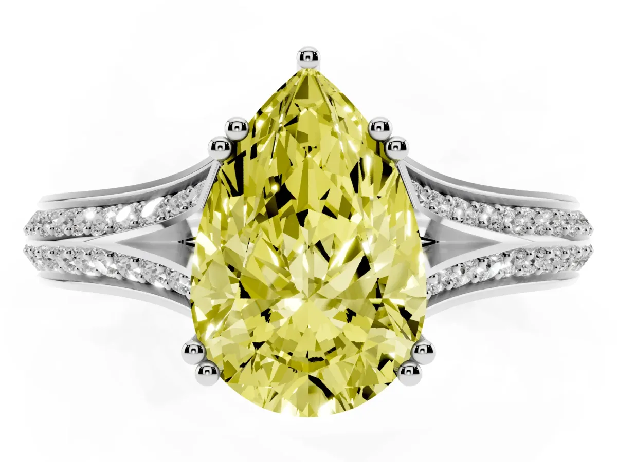 Fancy Yellow Pear Cut Diamond Split Shank Engagement Ring with Pavé Band Silver
