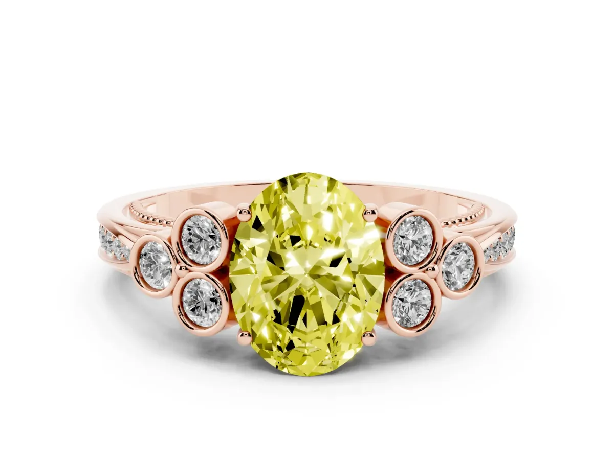 Fancy Yellow Oval Cut Cut Diamond Engagement Ring with Bezel Set Round Side Stones and Prong Setting Rose gold