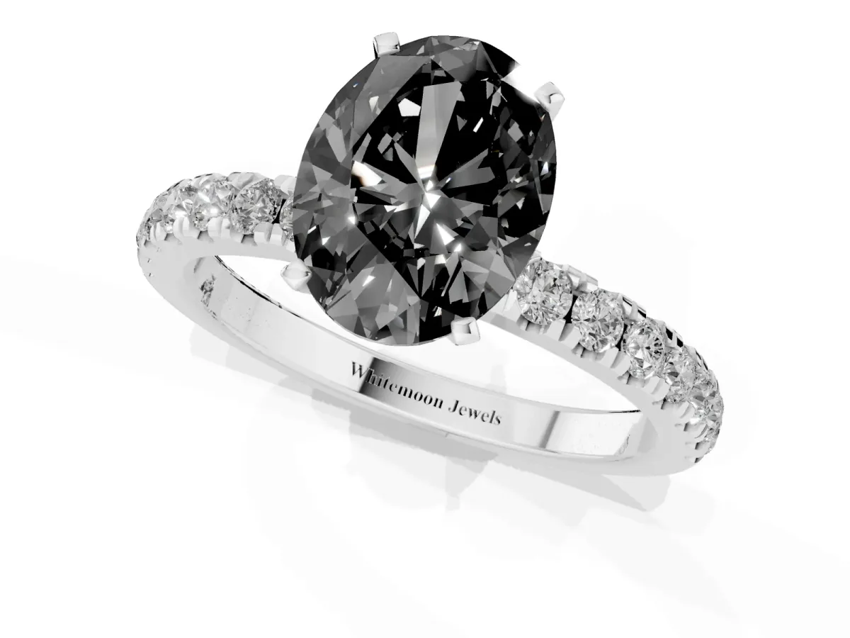 Fancy Black Oval Cut Diamond Solitaire Ring with Pavé Accents and Four-Prong Setting Silver