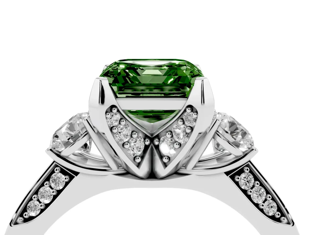 Fancy Green Asscher Cut Brilliant Three-Stone Diamond Ring with Pavé Band and Four-Prong Setting Silver