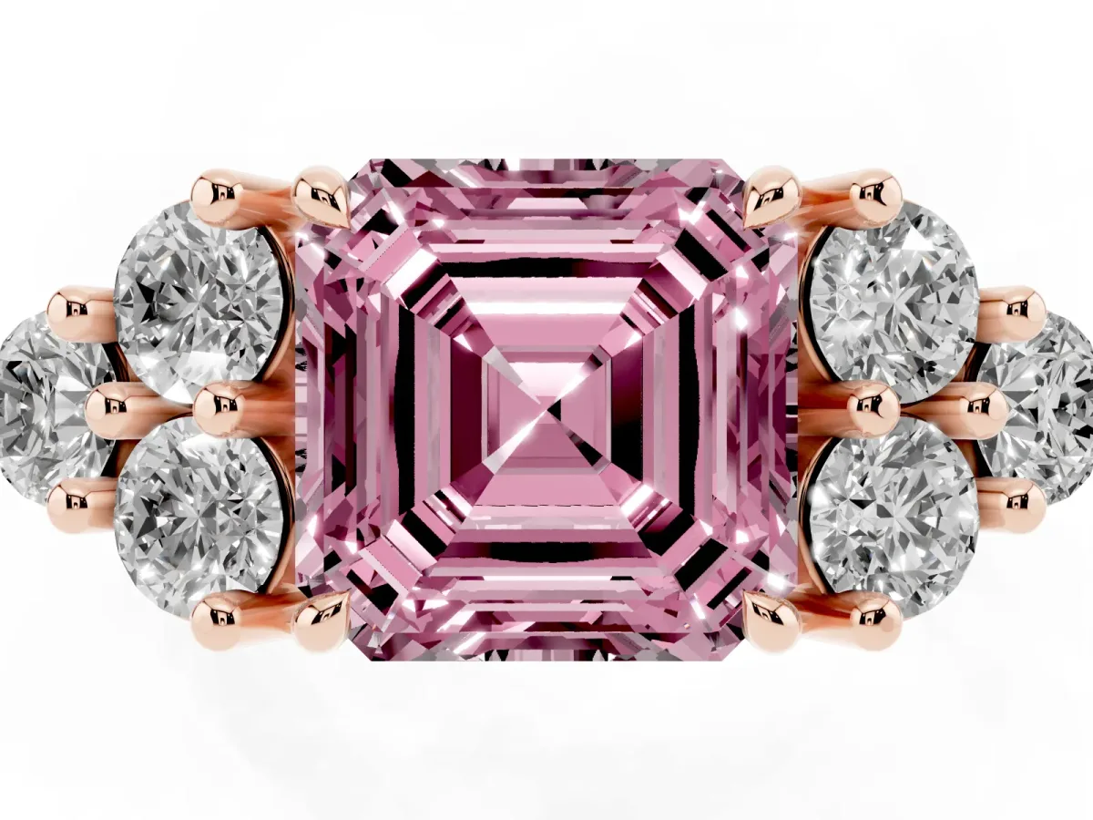 Fancy Pink Asscher Cut Brilliant Diamond Cluster Accent Solitaire Ring with Prong Setting Rose gold