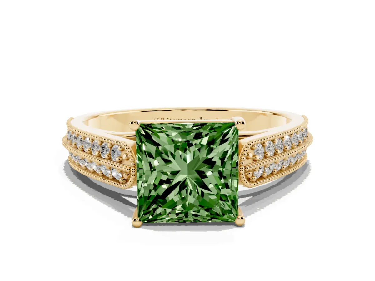 Fancy Green Princess Cut Cut Pave Split Shank Engagement Ring with Four-Prong Setting Yellow gold