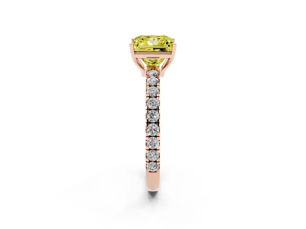 Fancy Yellow Princess Cut Diamond Pavé Solitaire Engagement Ring with Four-Prong Setting Rose gold