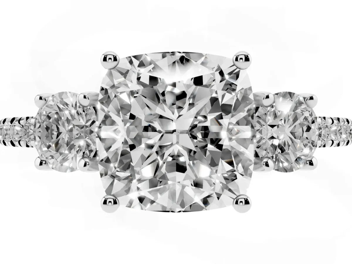 Three-Stone Cushion Cut Cut Diamond Pavé Band with Prong Setting White gold