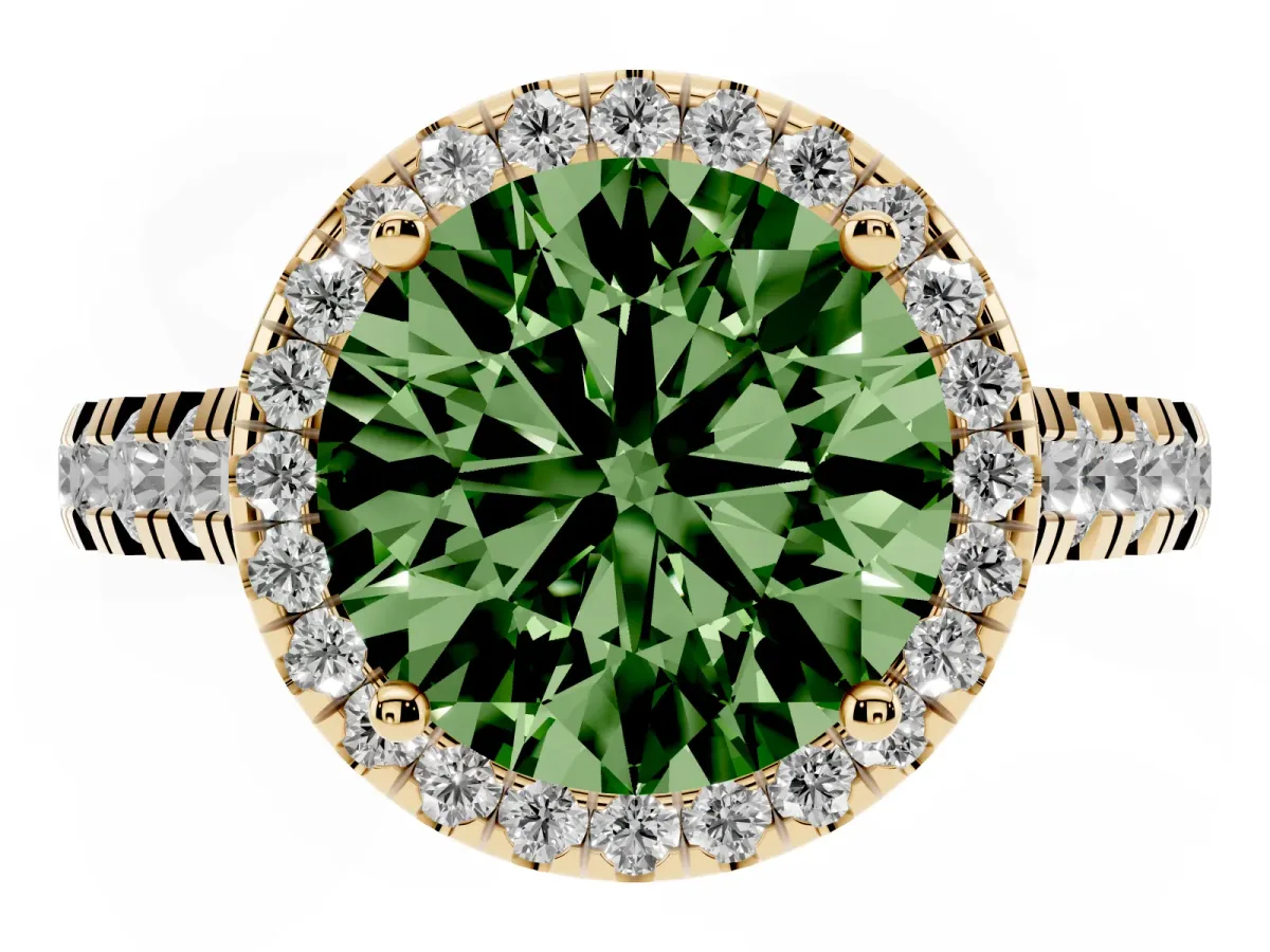 Fancy Green Round Cut Halo Pavé Diamond Engagement Ring with Four-Prong Setting Yellow gold