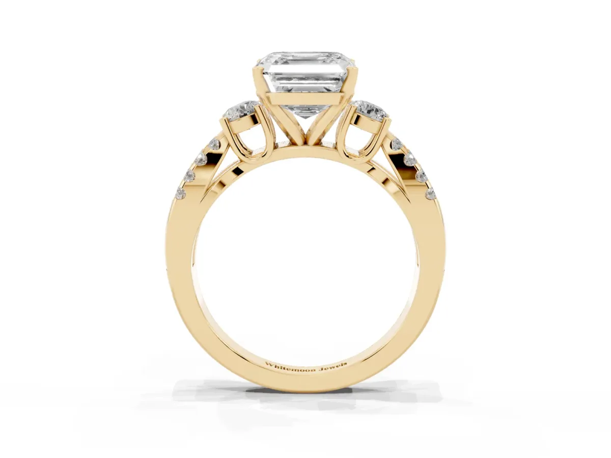 Asscher Cut Diamond Three-Stone Ring with Pavé Split Shank and Four-Prong Setting Yellow gold