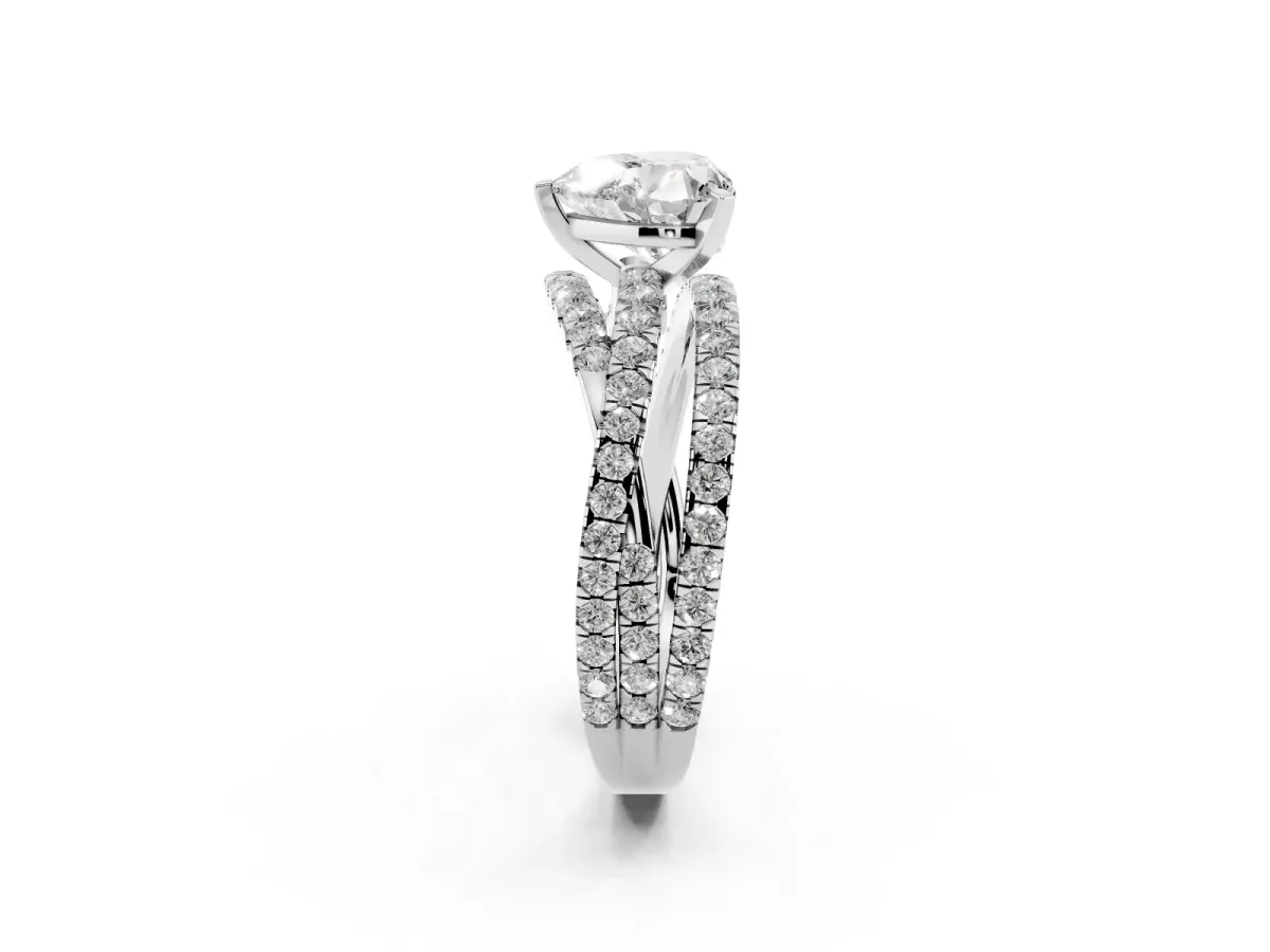Heart Cut Solitaire Twist Band with Pavé Setting and Four-Prong Setting Silver