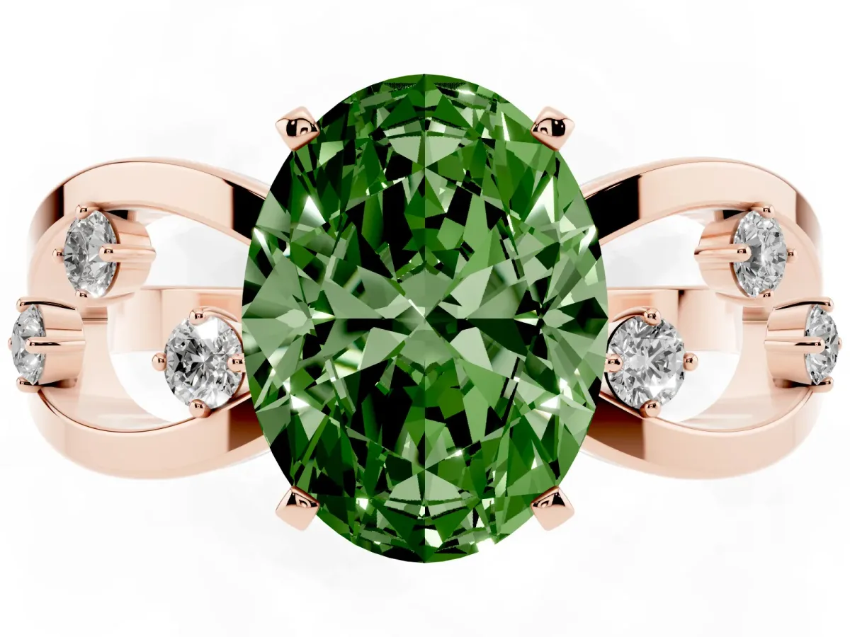 Fancy Green Oval Cut Cut Solitaire Diamond with Side Stones on Criss-Cross Band and Four-Prong Setting Rose gold