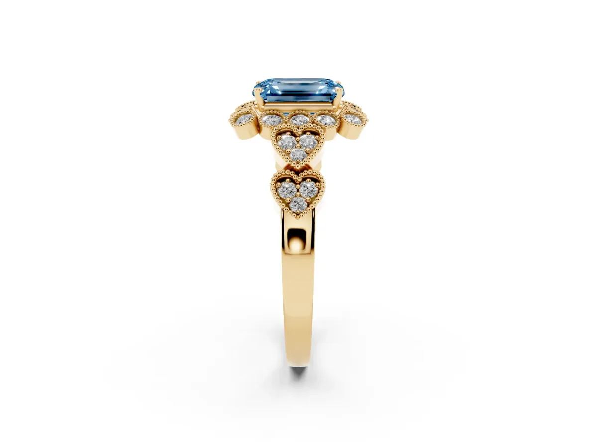 Fancy Blue Emerald Cut Brilliant Milgrain Pave Heart Band Solitaire Ring Yellow gold