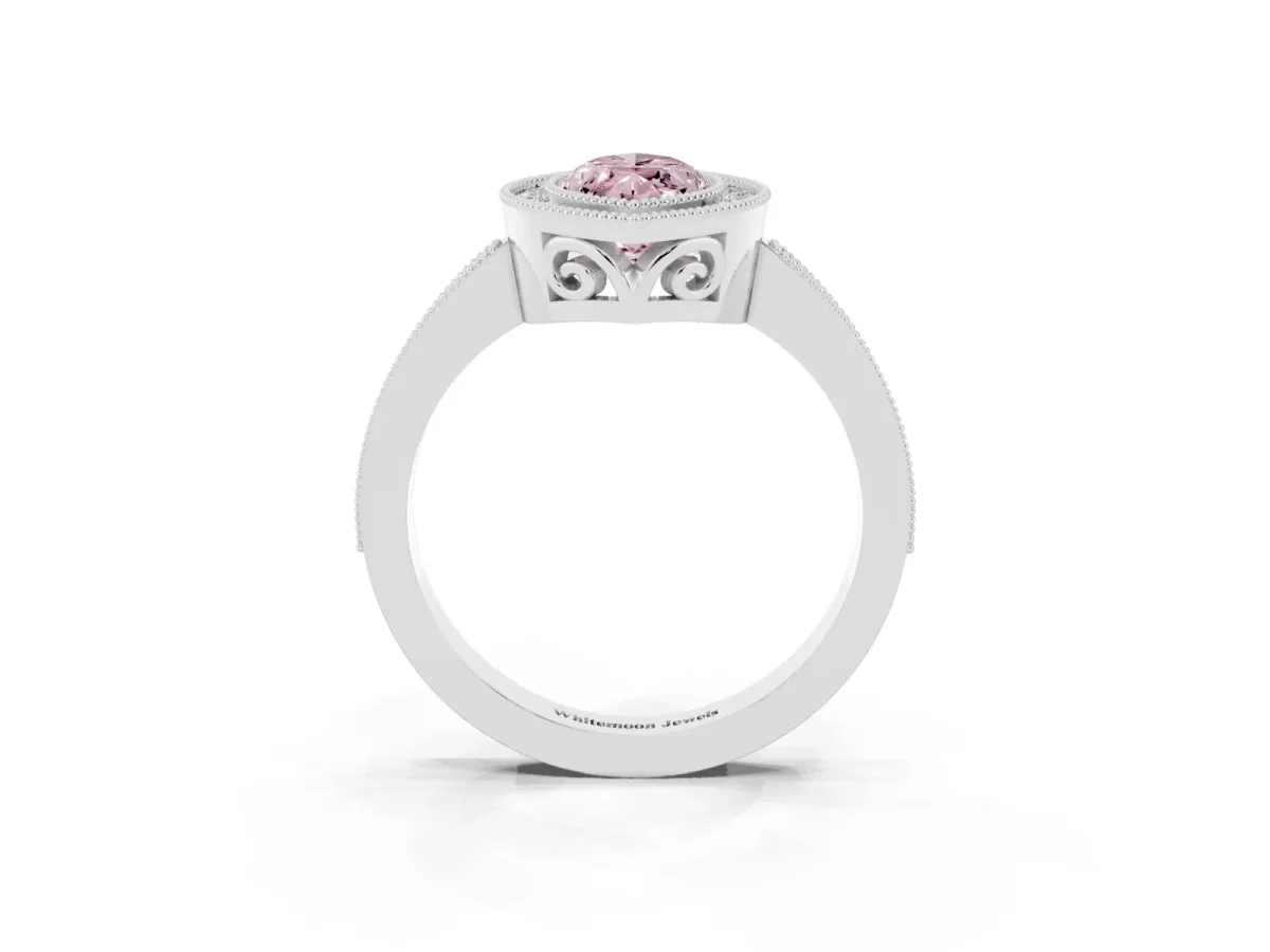 Fancy Pink Marquise Cut Cut Halo Diamond Ring with Pavé Band and Milgrain Prong Setting Silver