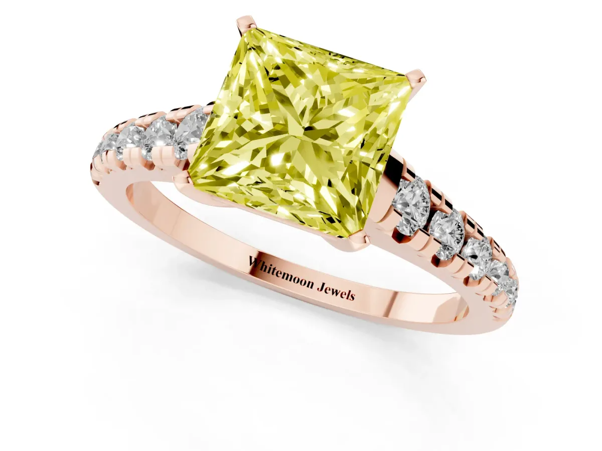 Fancy Yellow Princess Cut Diamond Cathedral Solitaire Ring with Round Pavé Band Rose gold