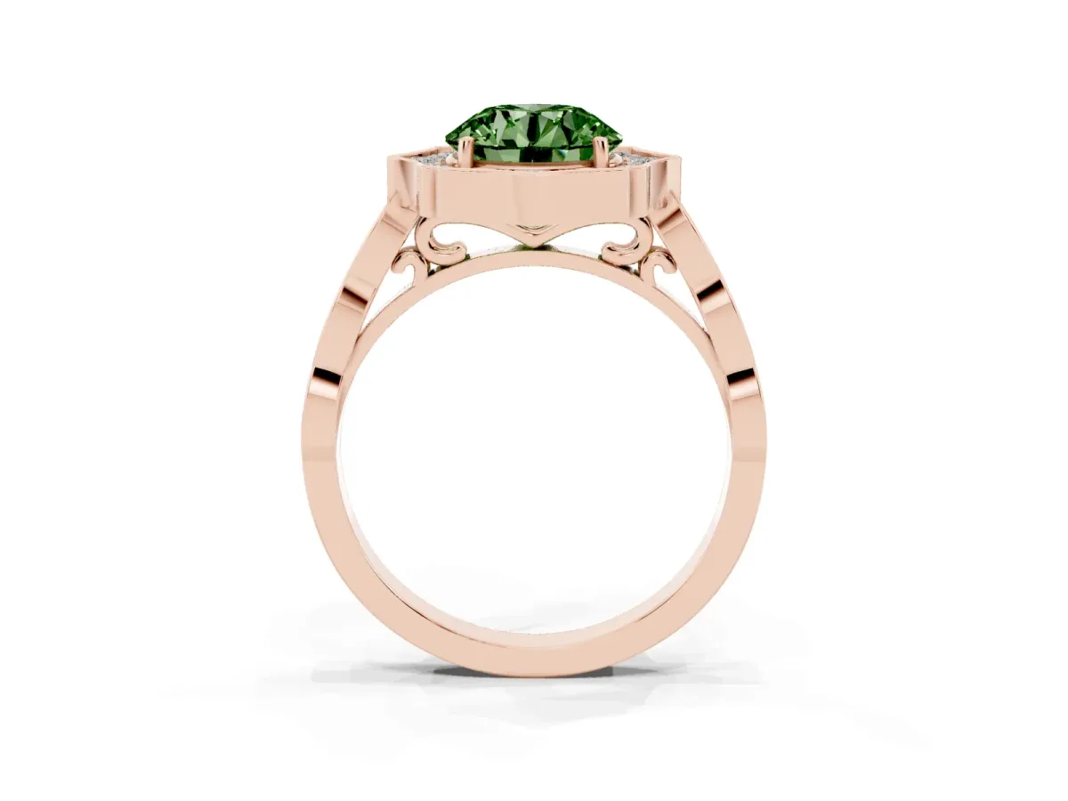 Fancy Green Round Cut Halo Diamond Engagement Ring with Milgrain Band and Four-Prong Setting Rose gold