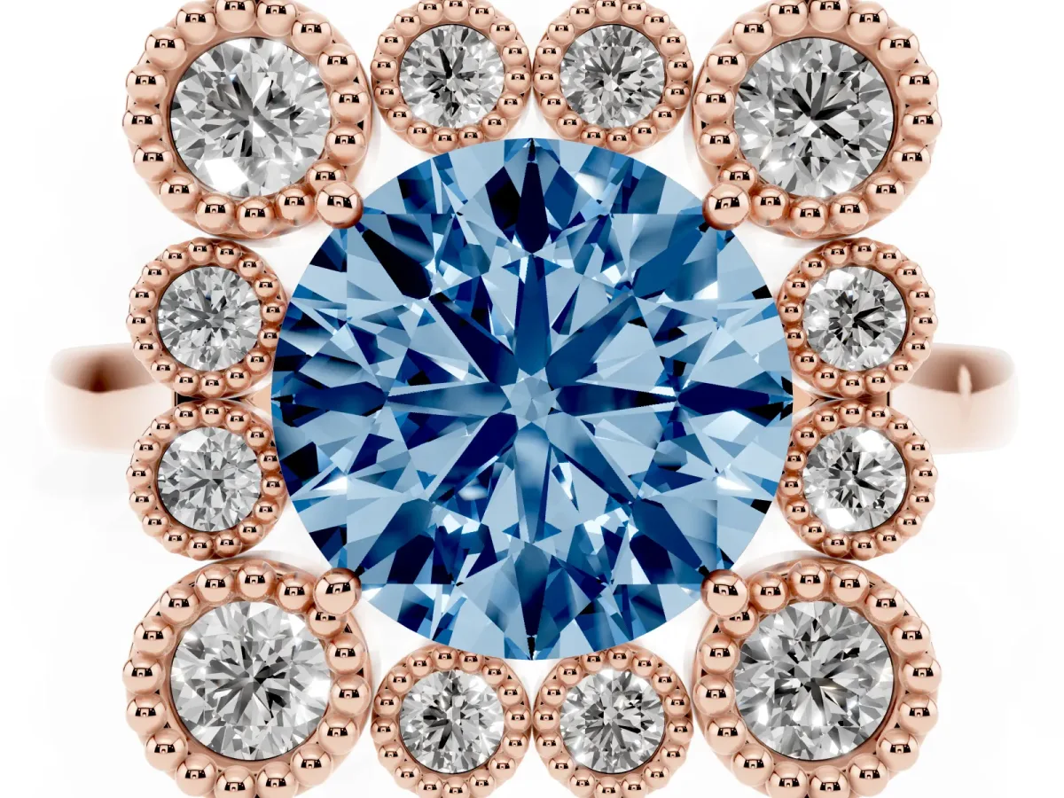 Fancy Blue Round Cut Halo Diamond Cluster Engagement Ring with Milgrain Bezel Setting and Solitaire Band Rose gold