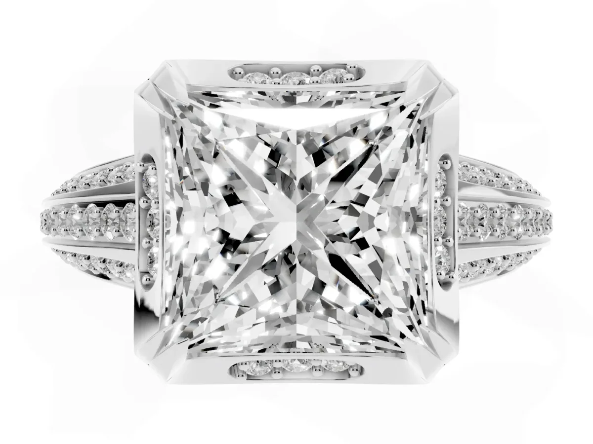 Princess Cut Solitaire Pave Split Shank Ring with Four-Prong Setting Platinum