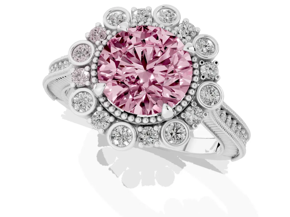 Fancy Pink Round Cut Halo Milgrain Pave Diamond Ring with Four-Prong Setting Silver